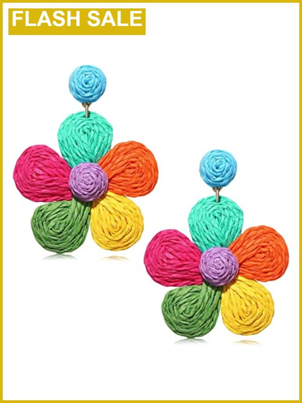 Rattan Raffia Straw Wicker Flower Dangle Earrings Handmade Boho Statement